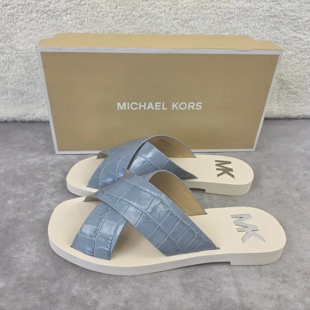 Michael Kors Glenda Sandals Pale Blue Croc Embossed Slide 40S2GLFP1E Mens 6.5 M